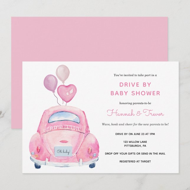 Invitación Drive by Baby Girl Shower (Anverso / Reverso)