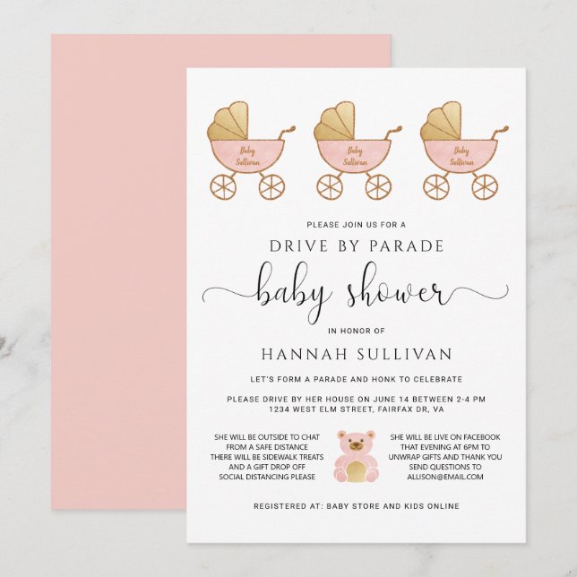 Invitación Drive by Baby Girl Shower | Rosado de transporte r (Anverso / Reverso)