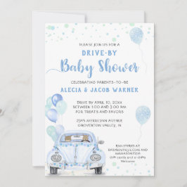 Invitación Drive By Blue Car Balloons Baby Shower