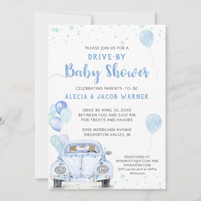 Invitación Drive By Blue Car Balloons Baby Shower (Anverso)