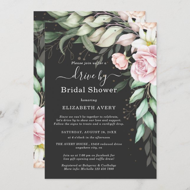 Invitación Drive By Bridal Shower Luxury Black and Pink Flora (Anverso / Reverso)