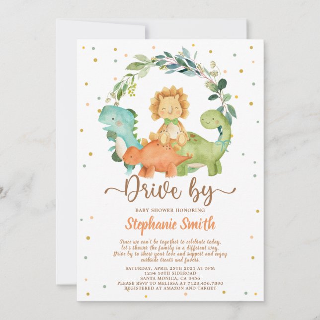 Invitación Drive By Dinosaurs Boy Baby Shower (Anverso)