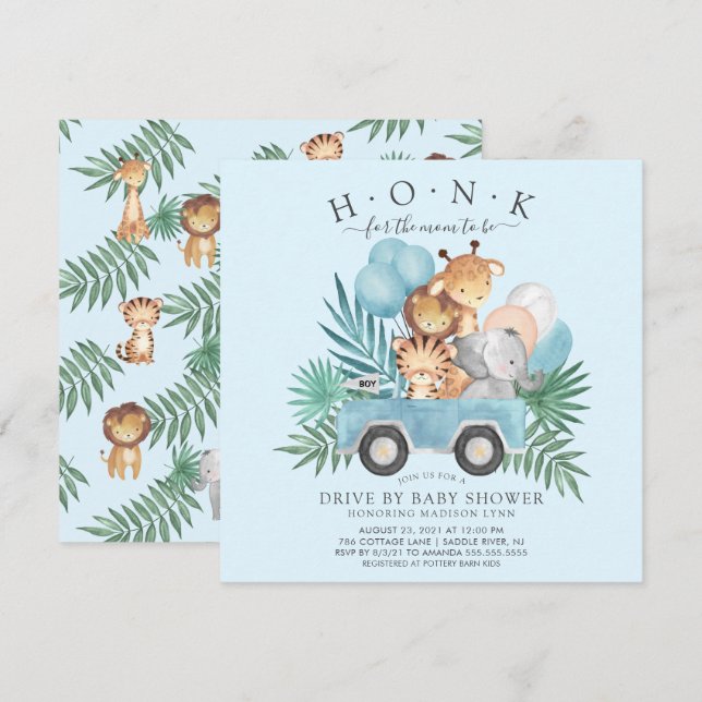 Invitación Drive By Jungle Animals Boys Baby Shower (Anverso / Reverso)