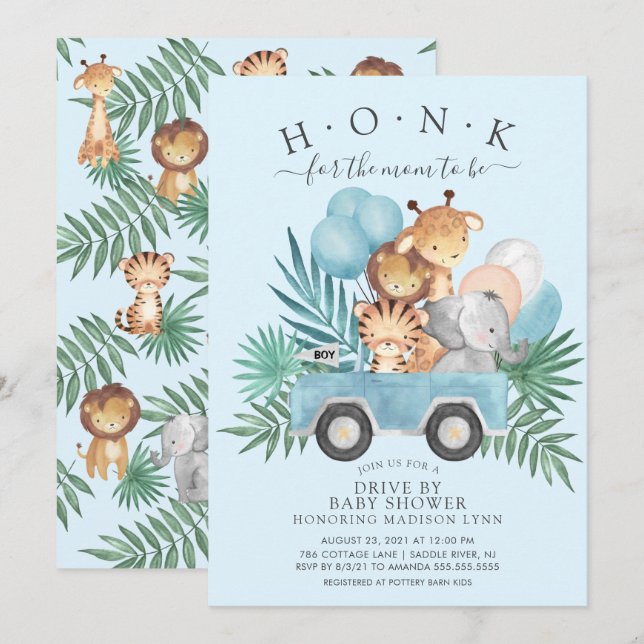 Invitación Drive By Jungle Animals Boys Baby Shower (Anverso / Reverso)