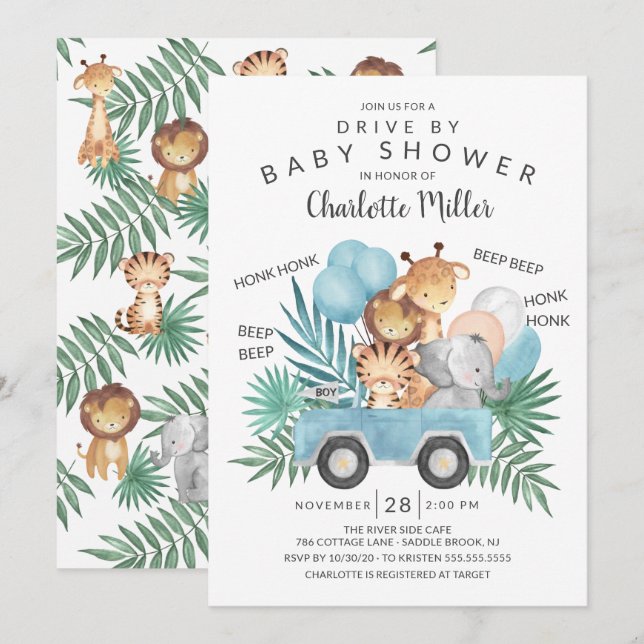 Invitación Drive By Jungle Animals Boys Baby Shower (Anverso / Reverso)