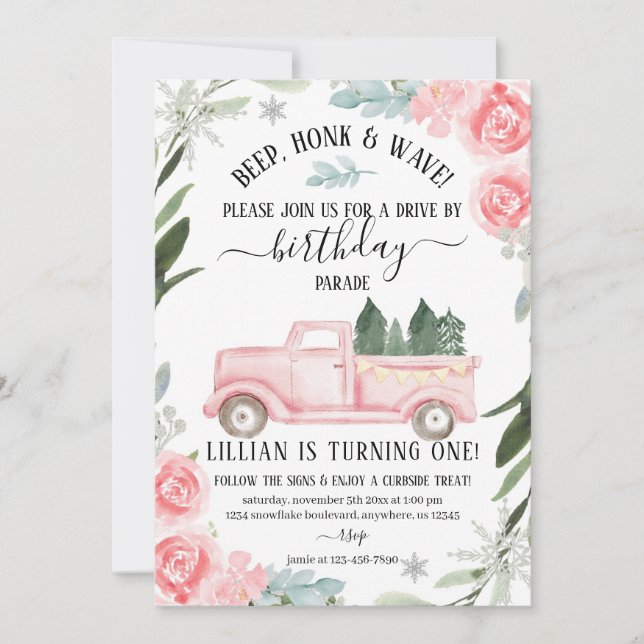 Invitación Drive By Winter Birthday Invitation Floral (Anverso)