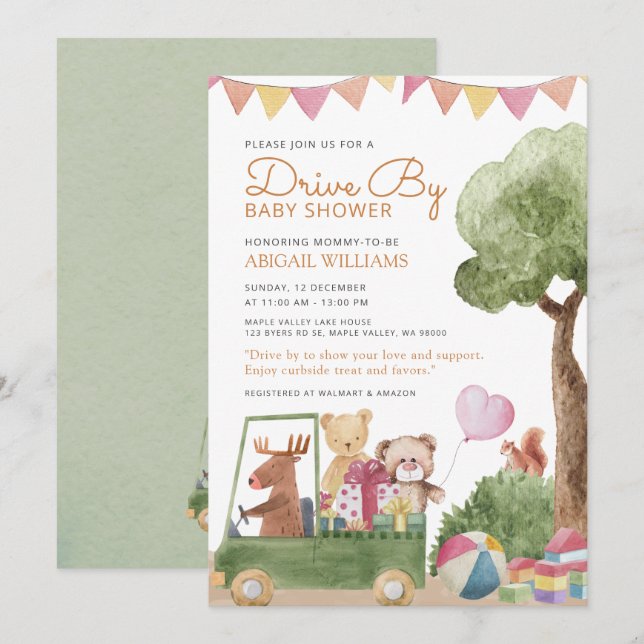 Invitación Drive-By Woodland Teddy Bears Baby Shower (Anverso / Reverso)