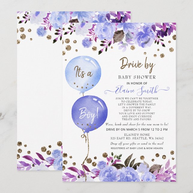 Invitación Drive de Balloons Blue Floral Boy Baby Shower (Anverso / Reverso)