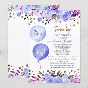 Invitación Drive de Balloons Blue Floral Boy Baby Shower