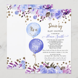 Invitación Drive de Balloons Blue Floral Boy Baby Shower