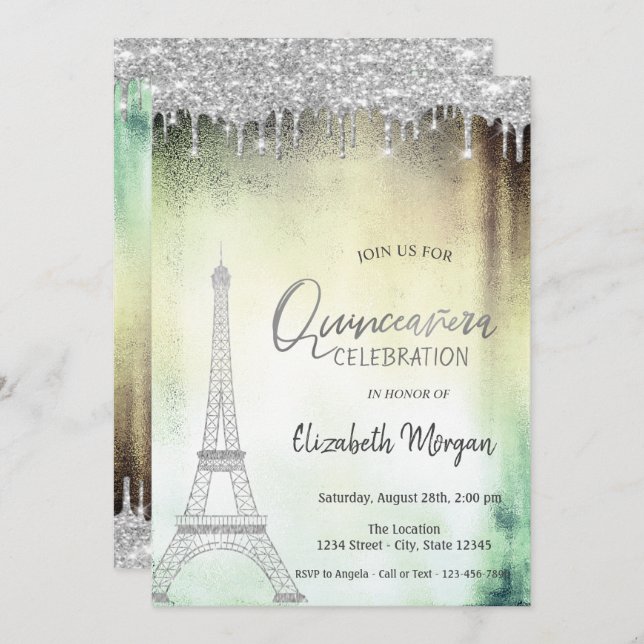 Invitación Drogas purpurinas, Torre Eiffel Quinceanera Verde (Anverso / Reverso)