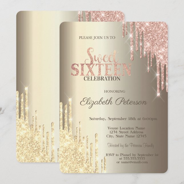 Invitación Drops de Brillo Modernos Champagne Dorado Sweet 16 (Anverso / Reverso)