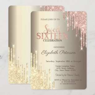 Invitación Drops de Brillo Modernos Champagne Dorado Sweet 16