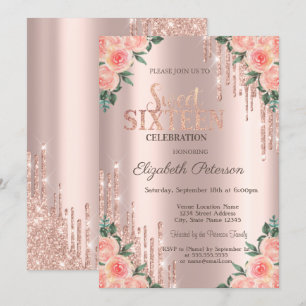 Invitación Drops de Brillo Modernos Floral Rosa Dorado Cumple