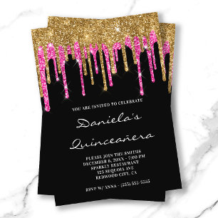Invitación Drops de purpurina rosa caliente dorado Quinceañer