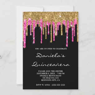 Invitación Drops de purpurina rosa caliente dorado Quinceañer