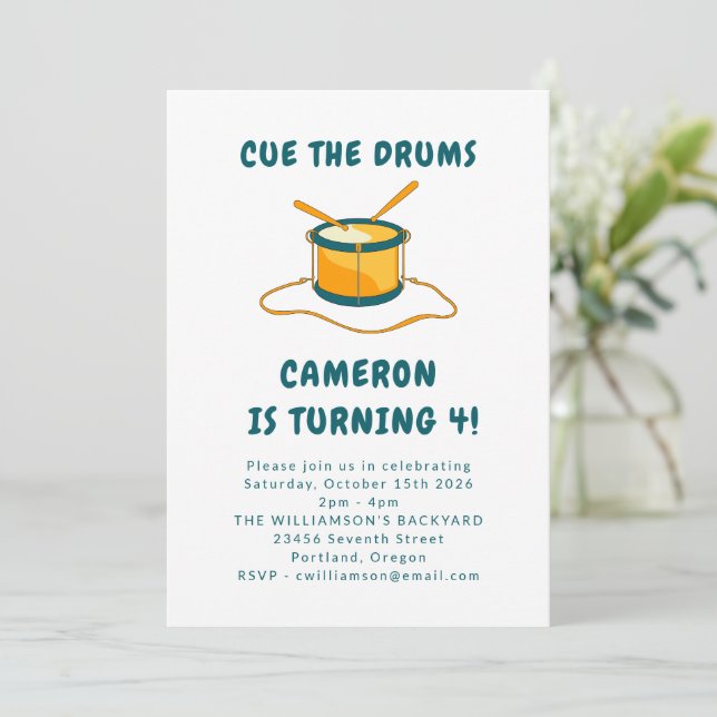 Invitación Drummer Drums Music Blue 4Cumpleaños Fiesta (Anverso de pie)