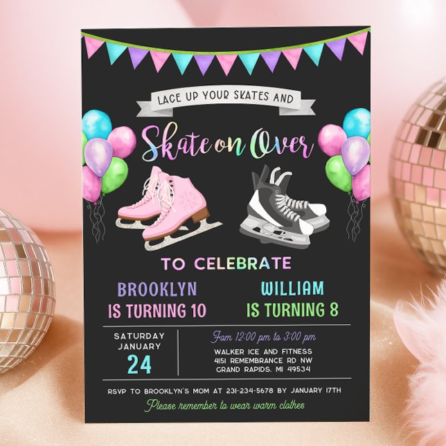 Invitación Dual Ice Skating Birthday Invitation (Ice Skating Birthday Invitation - Double Birthday Party)