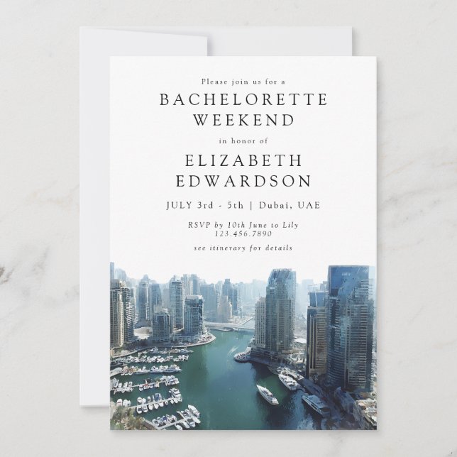 Invitación Dubai Skyline Watercolor Bachelorette Weekend (Anverso)