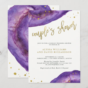 Invitación Ducha acuarela de parejas de Geode púrpura y dorad