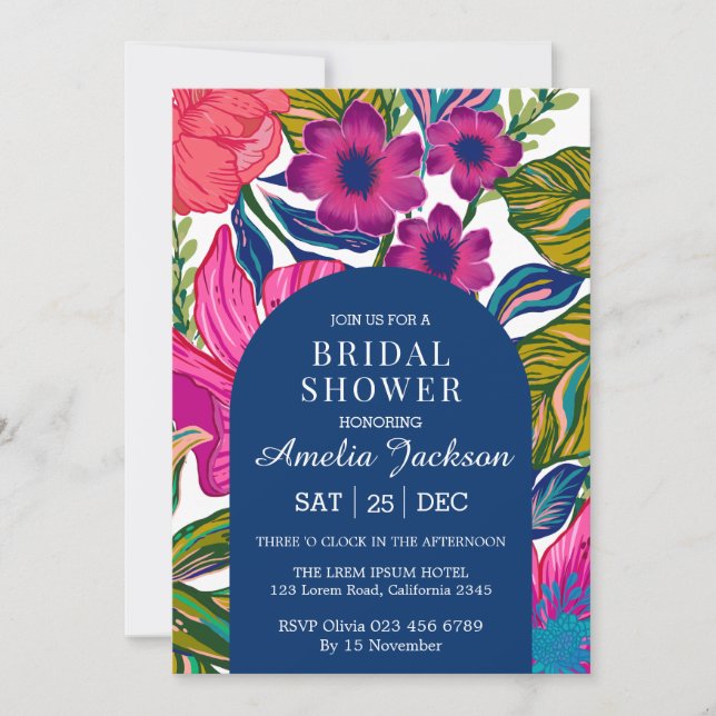 Invitación Ducha acuarela floral y botánica rosa de novia (Anverso)