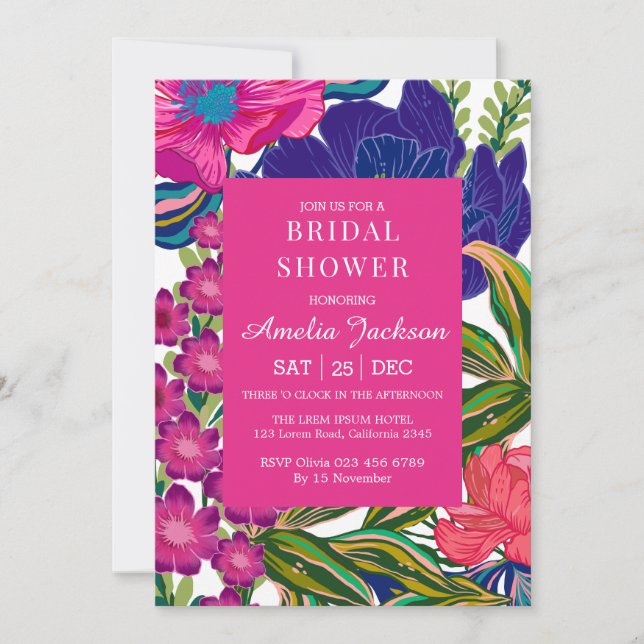 Invitación Ducha acuarela floral y botánica rosa de novia (Anverso)