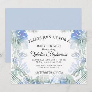 Invitación Ducha acuática de hojas azules y verdes botánicas