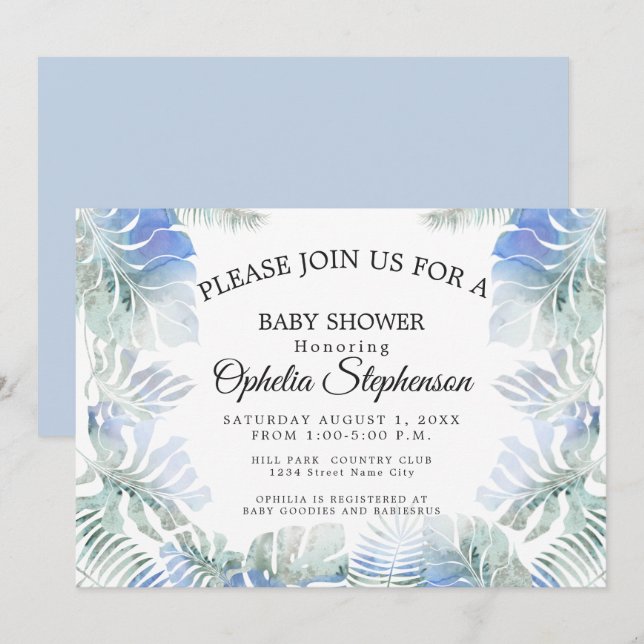 Invitación Ducha acuática de hojas azules y verdes botánicas (Anverso / Reverso)
