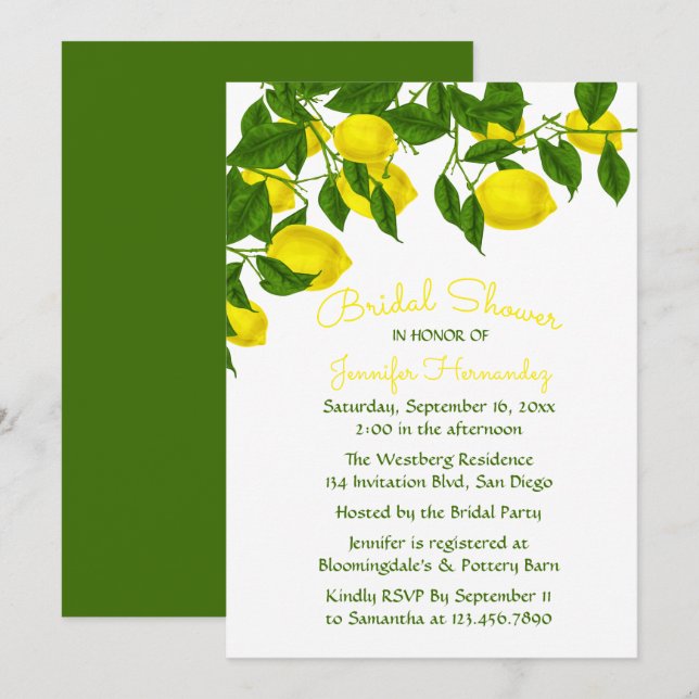 Invitación Ducha amarilla limón y color verde agua (Anverso / Reverso)