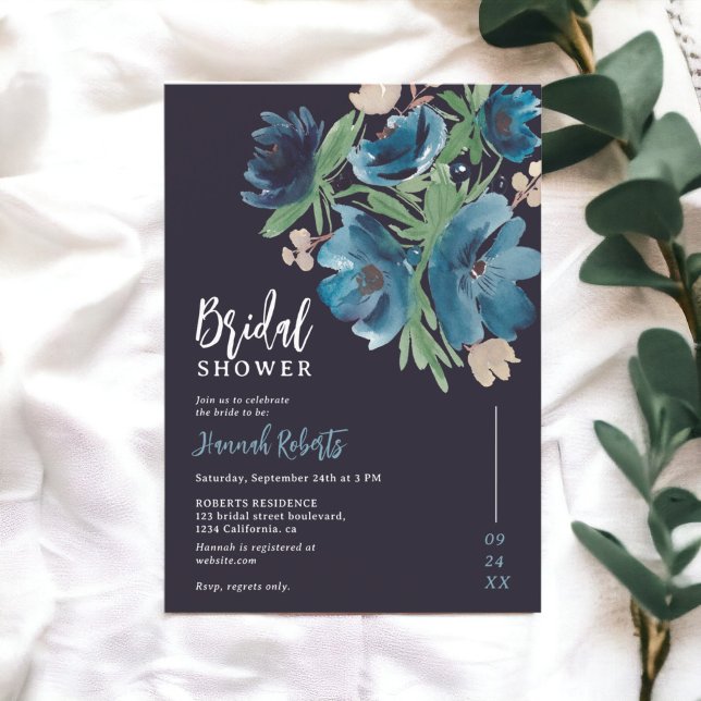 Invitación ducha azul bohemia floral acuática de novia (blue bohemian floral watercolor bridal shower invitation on dark navy blue)