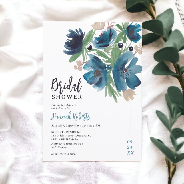 Invitación ducha azul bohemia floral acuática de novia (blue bohemian floral watercolor bridal shower invitation)