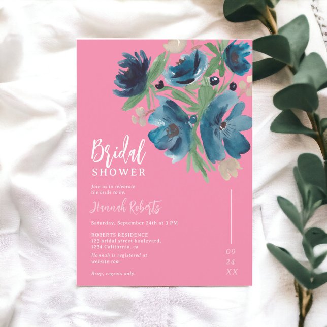 Invitación ducha azul bohemia floral acuática de novia (blue bohemian floral watercolor bridal shower invitation on baby pink)