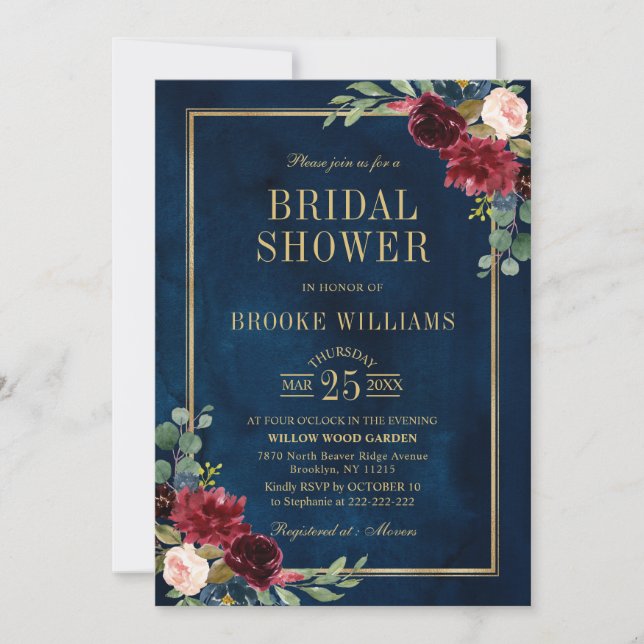 Invitación Ducha azul de novia de la Marina de Oro Floral de  (Anverso)
