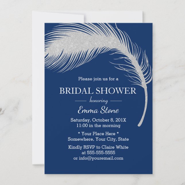 Invitación Ducha azul de novia de la marina de plumas de pavo (Anverso)