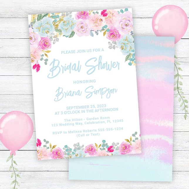 Invitación Ducha azul de novia floral rosa (Subido por el creador)