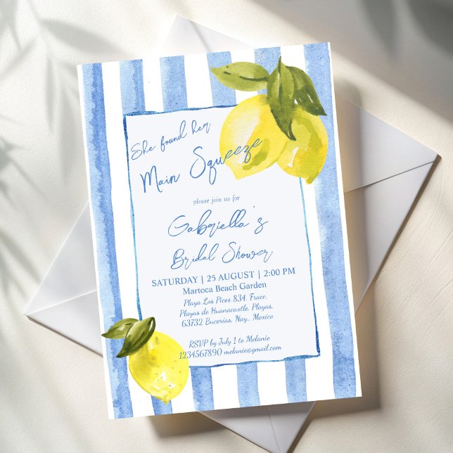 Invitación Ducha azul de rayas de la mano limones de novia (She found her main squeeze Handrawn blue stripes lemons Italian bridal shower invitation template)