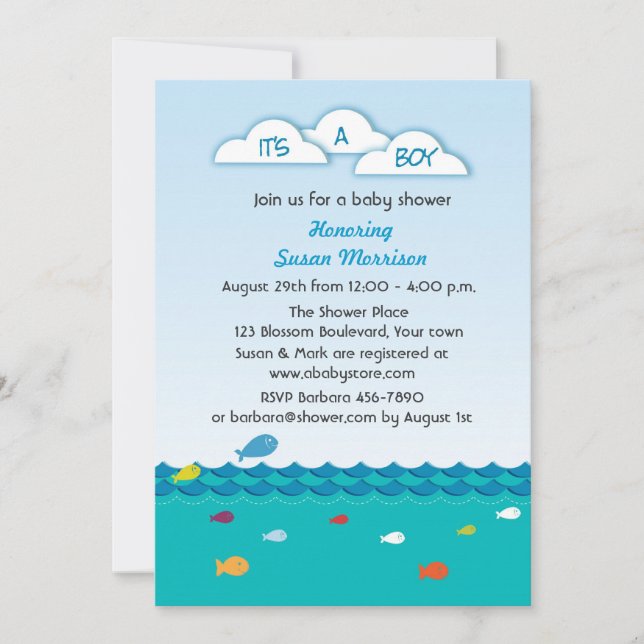 Invitación Ducha azul del bebé de los pescados (Anverso)