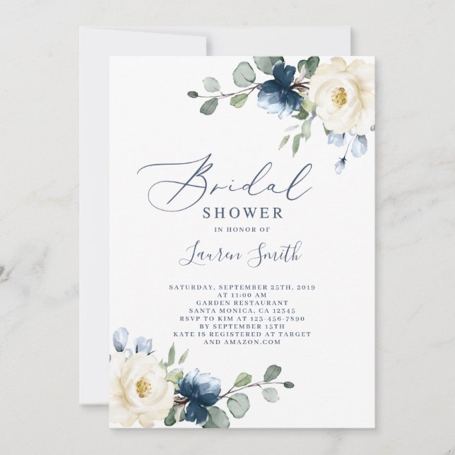 Invitación Ducha azul floral de novia (Anverso)