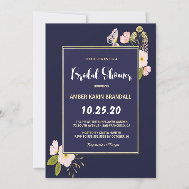 Invitación Ducha azul marital floral dorada de la marina Rubo (Anverso)