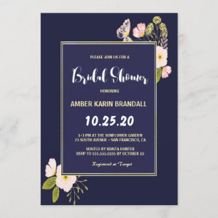 Invitación Ducha azul marital floral dorada de la marina Rubo