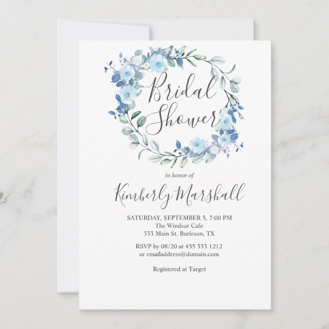 Invitación Ducha azul marrón floral (Anverso)