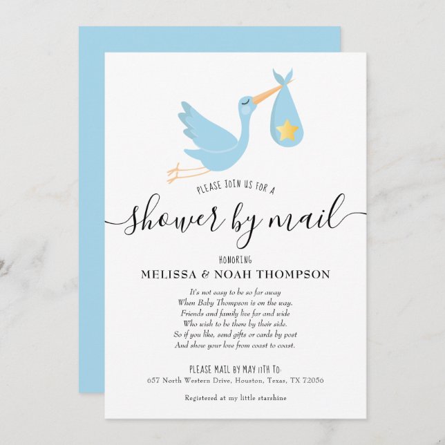 Invitación Ducha Azul Por Correo Espolvorín A Larga Distancia (Anverso / Reverso)