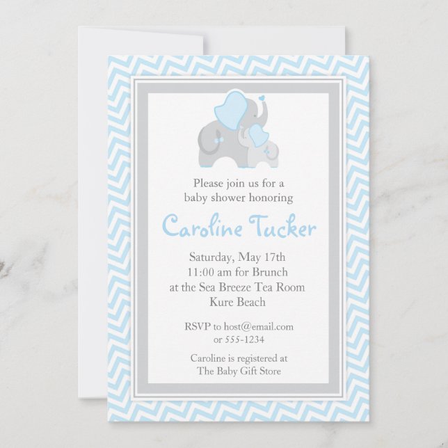 Invitación Ducha azul y gris Chevron del bebé del elefante (Anverso)