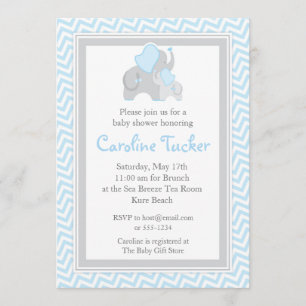 Invitación Ducha azul y gris Chevron del bebé del elefante