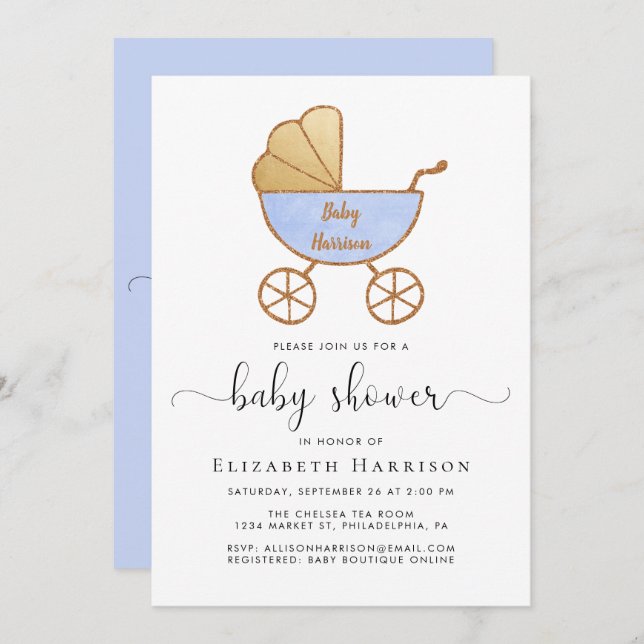 Invitación Ducha Baby Boy Con Opción Virtual Azul (Anverso / Reverso)