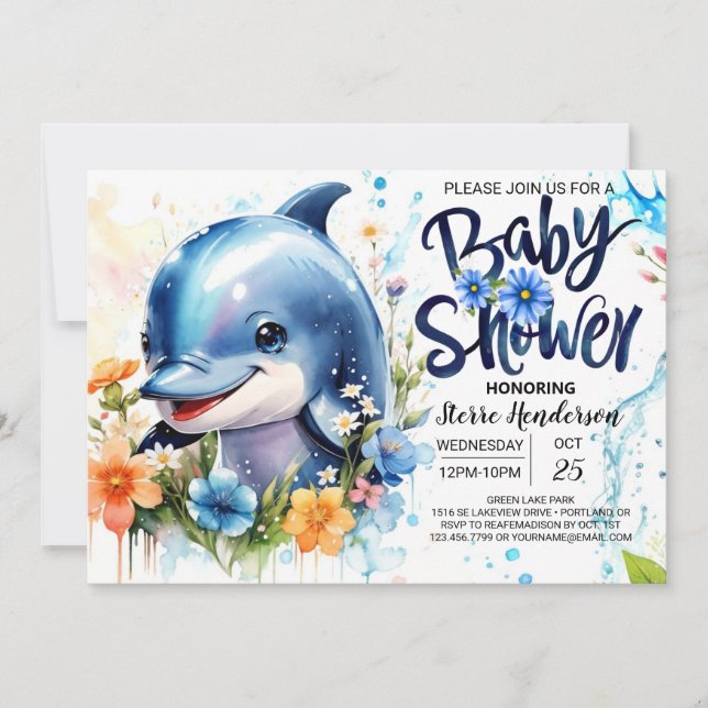 Invitación Ducha Baby Boy con temática delfines (Anverso)