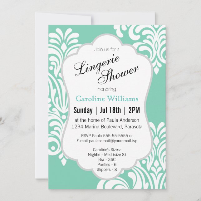 Invitación Ducha blanca para la lencería Damask (Anverso)