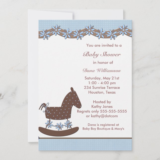 Invitación Ducha Blue Brown Rocke Horse Boy (Anverso)