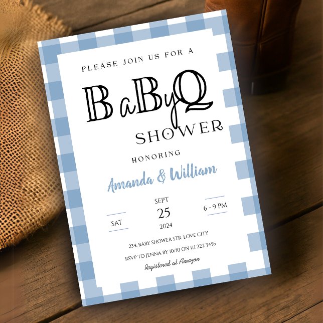 Invitación Ducha Blue Gingham Plaid BBQ Baby Couples (Blue Gingham Plaid BBQ Baby Couples Shower Invitation)