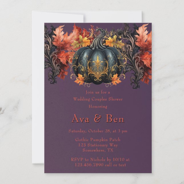 Invitación Ducha Boda de calabaza negra gótica morada (Anverso)